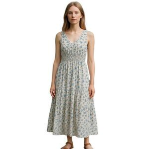 Something Navy White Blue Floral Smocked Cotton Maxi Dress Size Small